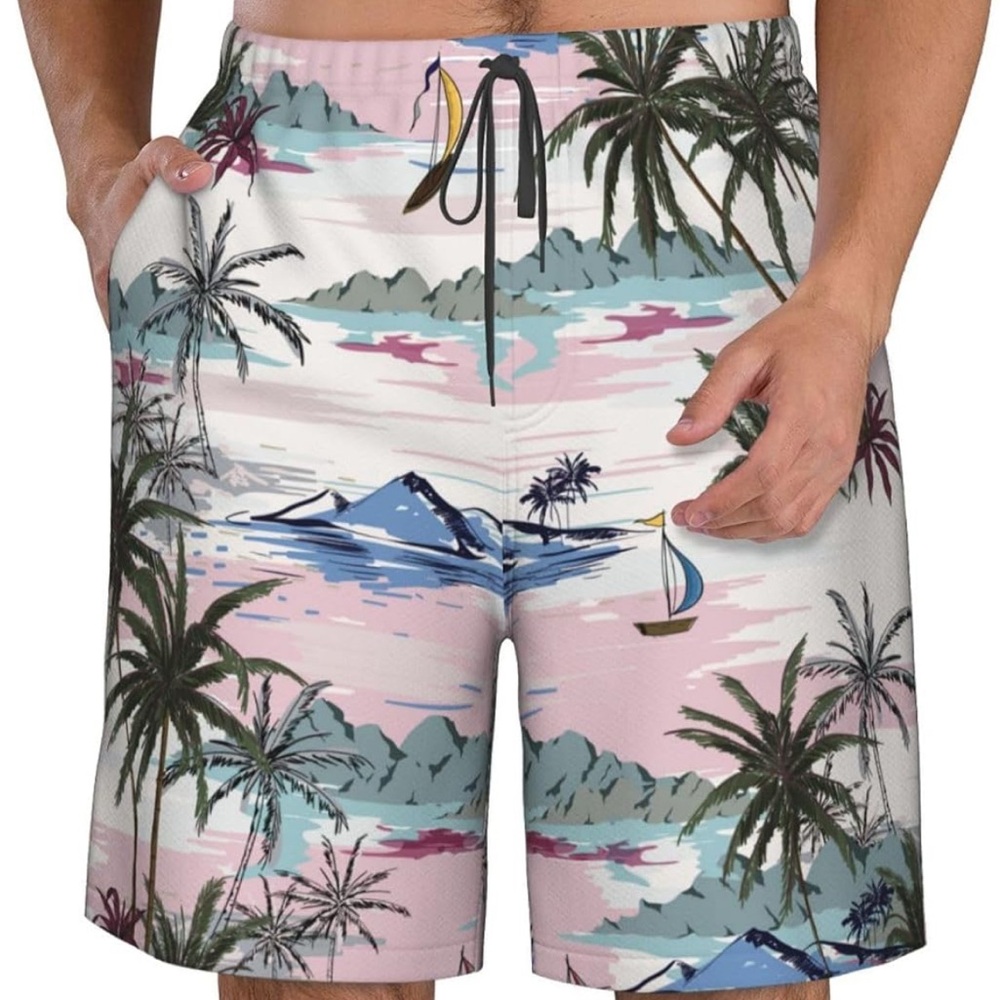 Men's Size S Quick Dry Swim Trunks - Palm Tree Island & Sailboats Design